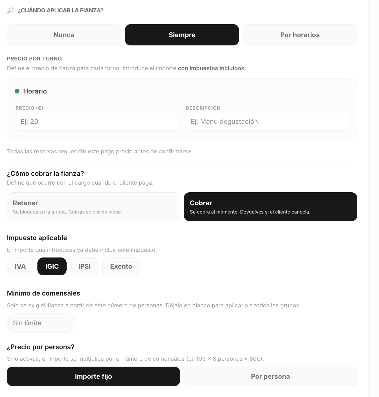 Selector de modo de cobro con impuesto, horario y mínimo de comensales