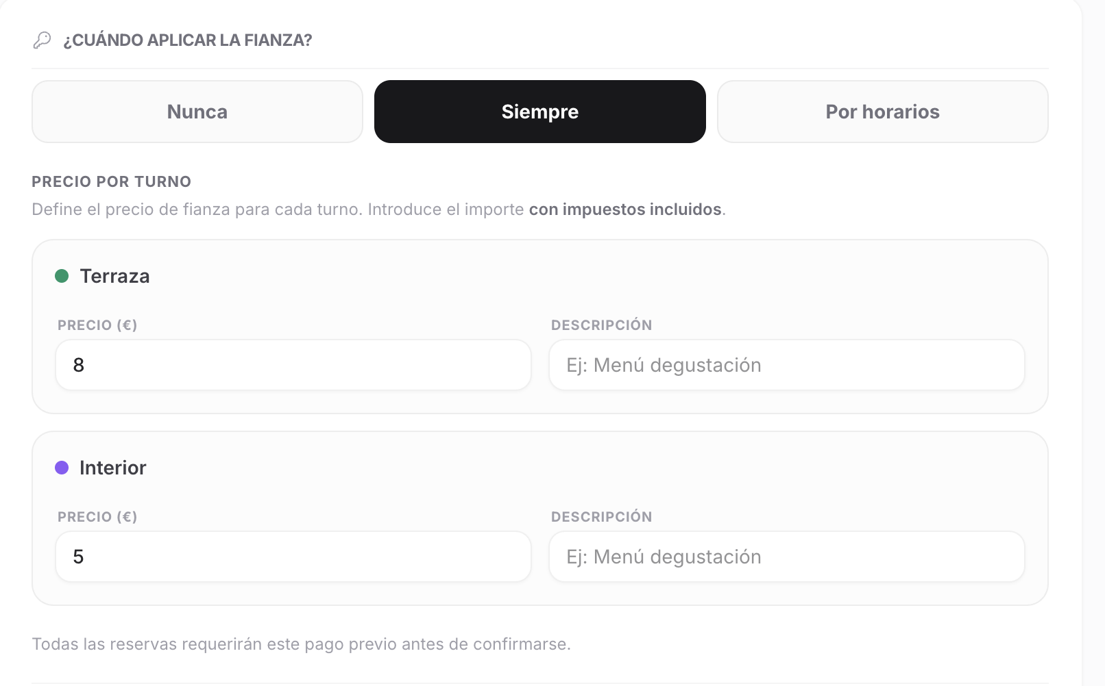Tarjetas de precio por turno en la configuración de fianzas